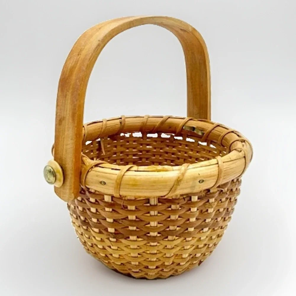 Vintage Nantucket Style Mini Basket Woven Rattan Bentwood Handle 4.5